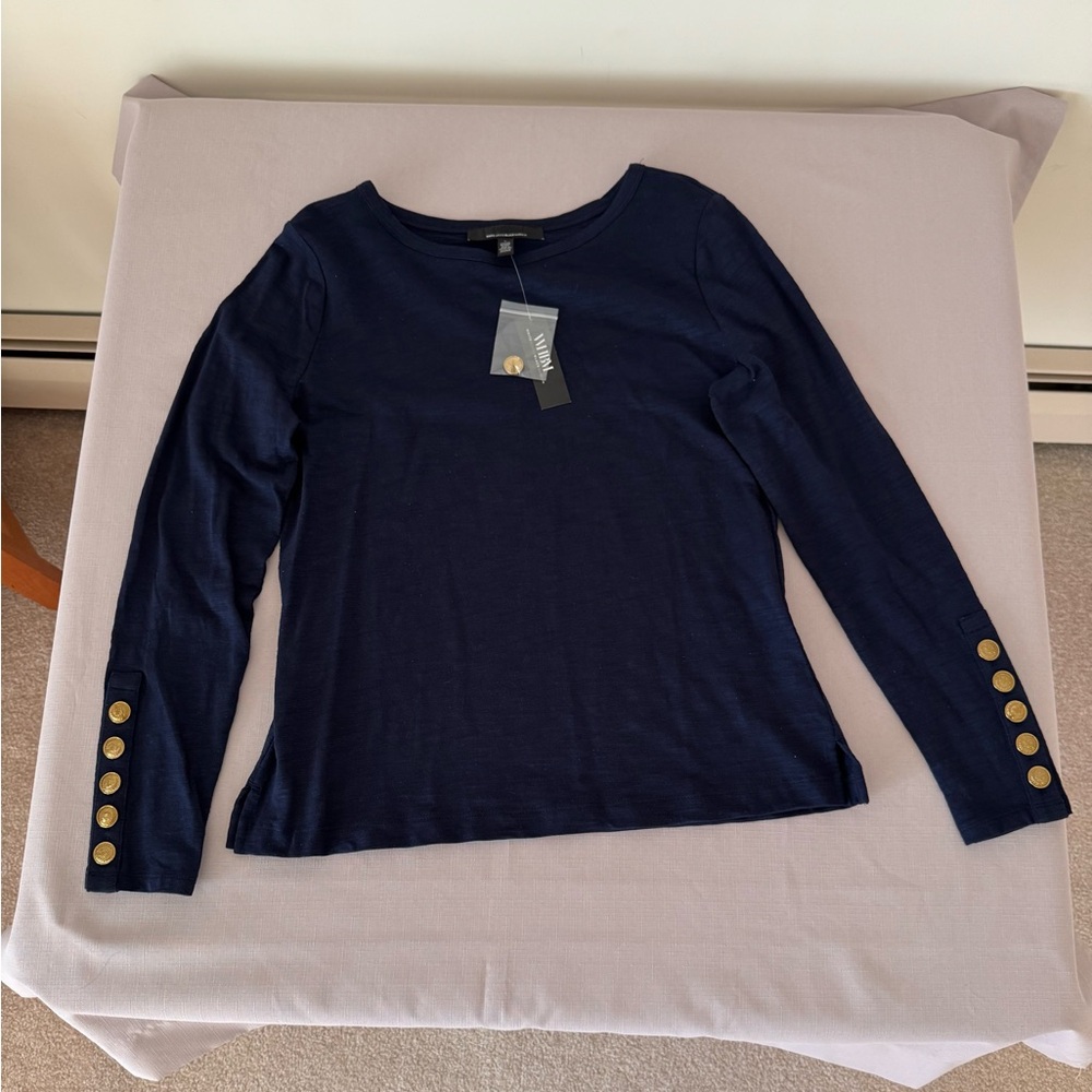 White House Black Market Button L/S Tee Officer Blue Size Large NWT $54.50